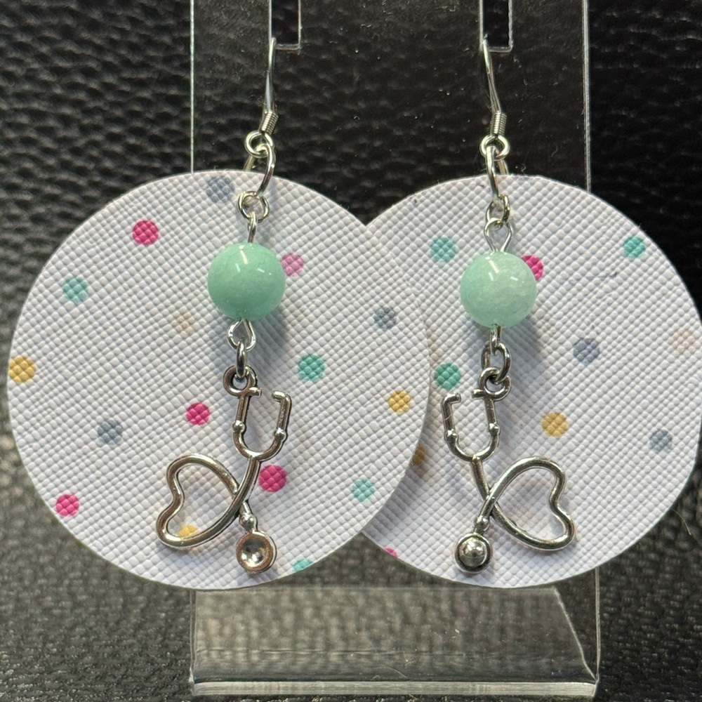 Handmade polka dotted faux leather earrings with stethoscopes